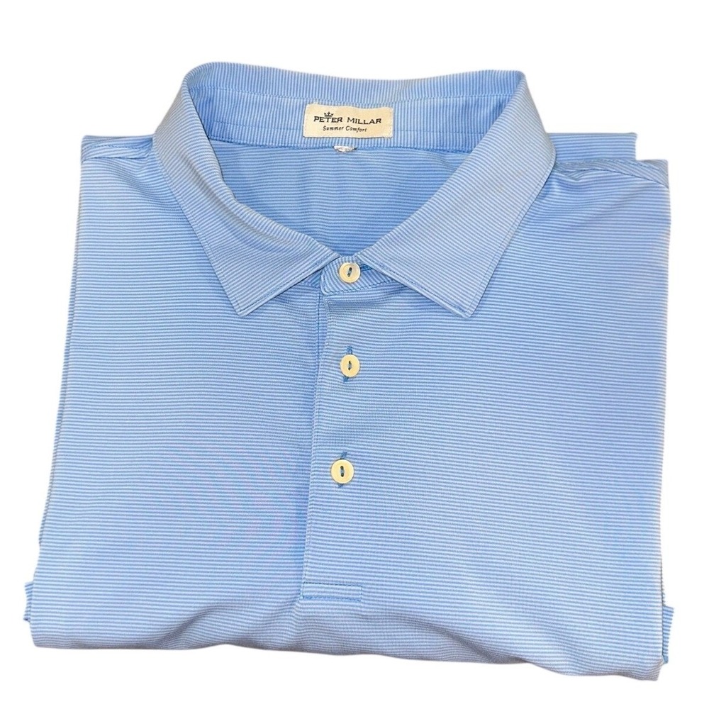 Peter Millar Summer Comfort Mens 2XL Polo Shirt Blue Striped Golf Flaw